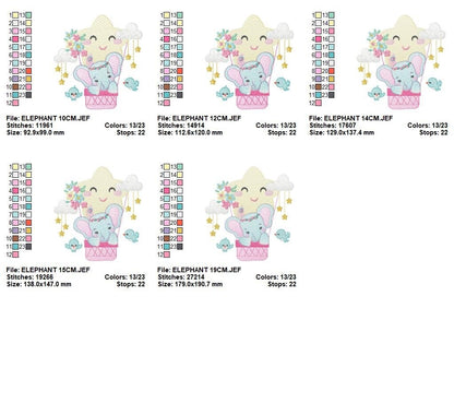 Elephant embroidery designs - Hot air balloon animal machine embroidery pattern - Baby Girl Elephant with birds flowers - Instant download