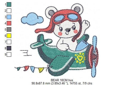 Bear with plane embroidery designs - Pilot Aviator Bear machine embroidery pattern - Baby boy file - Instant digital download pes jef dst