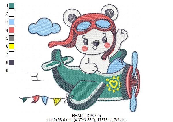 Bear with plane embroidery designs - Pilot Aviator Bear machine embroidery pattern - Baby boy file - Instant digital download pes jef dst