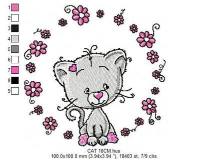 Cat embroidery design - Cat with flowers machine embroidery pattern - Kitten embroidery file - Baby girl file - Instant digital download pes
