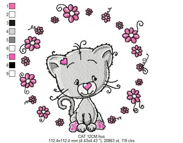 Cat embroidery design - Cat with flowers machine embroidery pattern - Kitten embroidery file - Baby girl file - Instant digital download pes