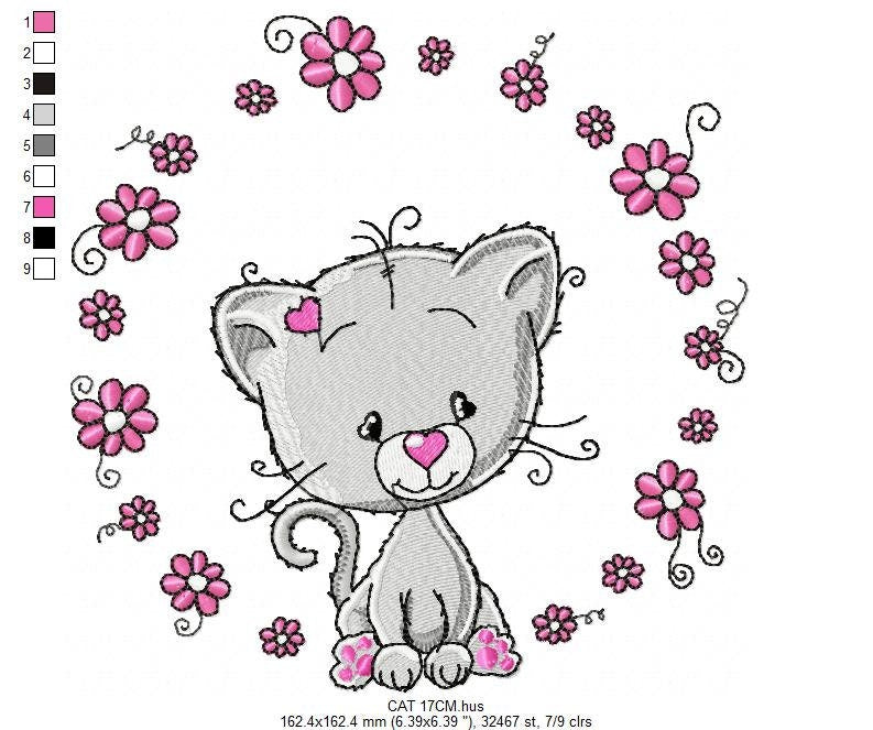 Cat embroidery design - Cat with flowers machine embroidery pattern - Kitten embroidery file - Baby girl file - Instant digital download pes
