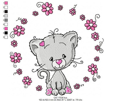 Cat embroidery design - Cat with flowers machine embroidery pattern - Kitten embroidery file - Baby girl file - Instant digital download pes