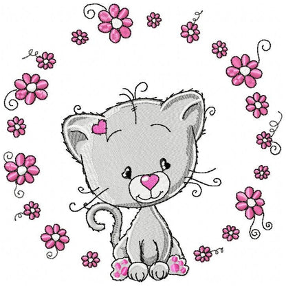 Cat embroidery design - Cat with flowers machine embroidery pattern - Kitten embroidery file - Baby girl file - Instant digital download pes