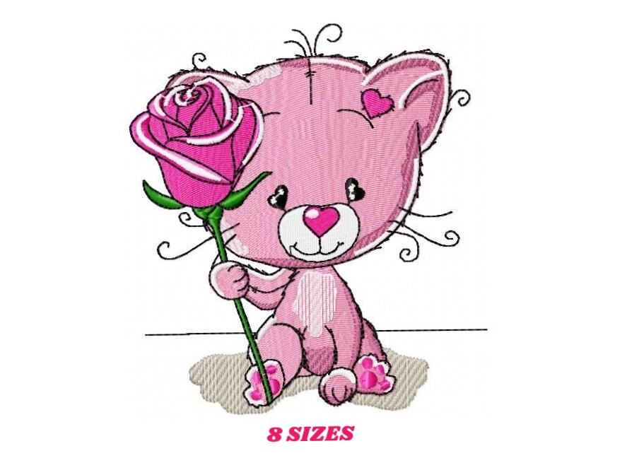 Cat embroidery design - Baby girl embroidery designs machine embroidery pattern - Kitty embroidery file - instant download Cat with rose