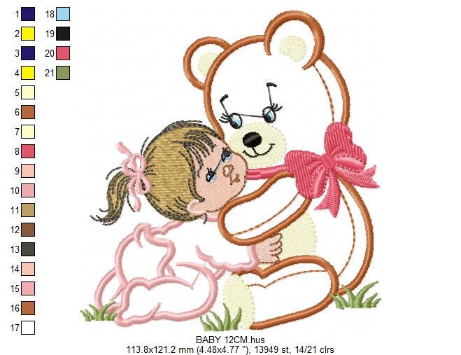 Teddy Bear embroidery designs - Bear with baby girl embroidery design machine embroidery pattern - Bear applique design nursery embroidery