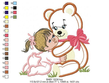 Teddy Bear embroidery designs - Bear with baby girl embroidery design machine embroidery pattern - Bear applique design nursery embroidery
