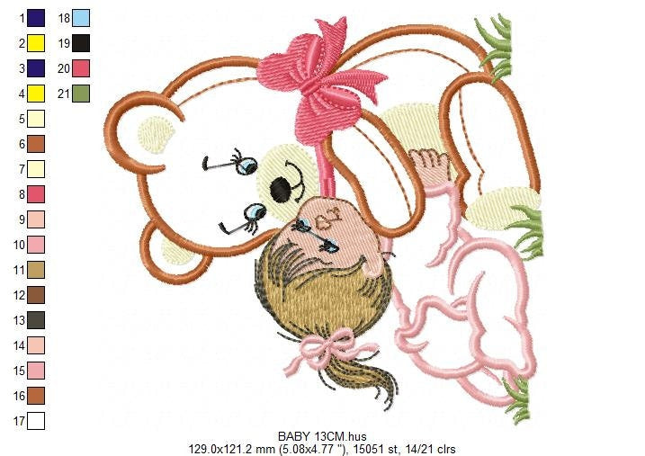 Teddy Bear embroidery designs - Bear with baby girl embroidery design machine embroidery pattern - Bear applique design nursery embroidery