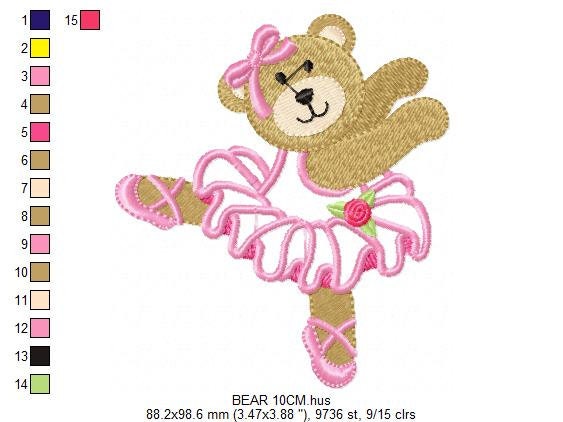 Ballerina Bear embroidery design - Ballet dancer machine embroidery pattern - Baby girl file - Ballerina applique - Instant digital download