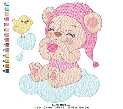 Sleeping Bear embroidery designs - Baby girl embroidery design machine embroidery pattern - Cute sweet bear with cloud - instant download