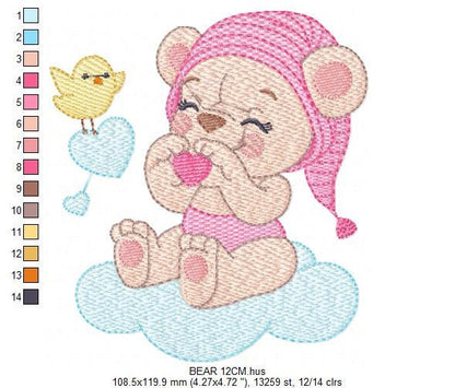Sleeping Bear embroidery designs - Baby girl embroidery design machine embroidery pattern - Cute sweet bear with cloud - instant download