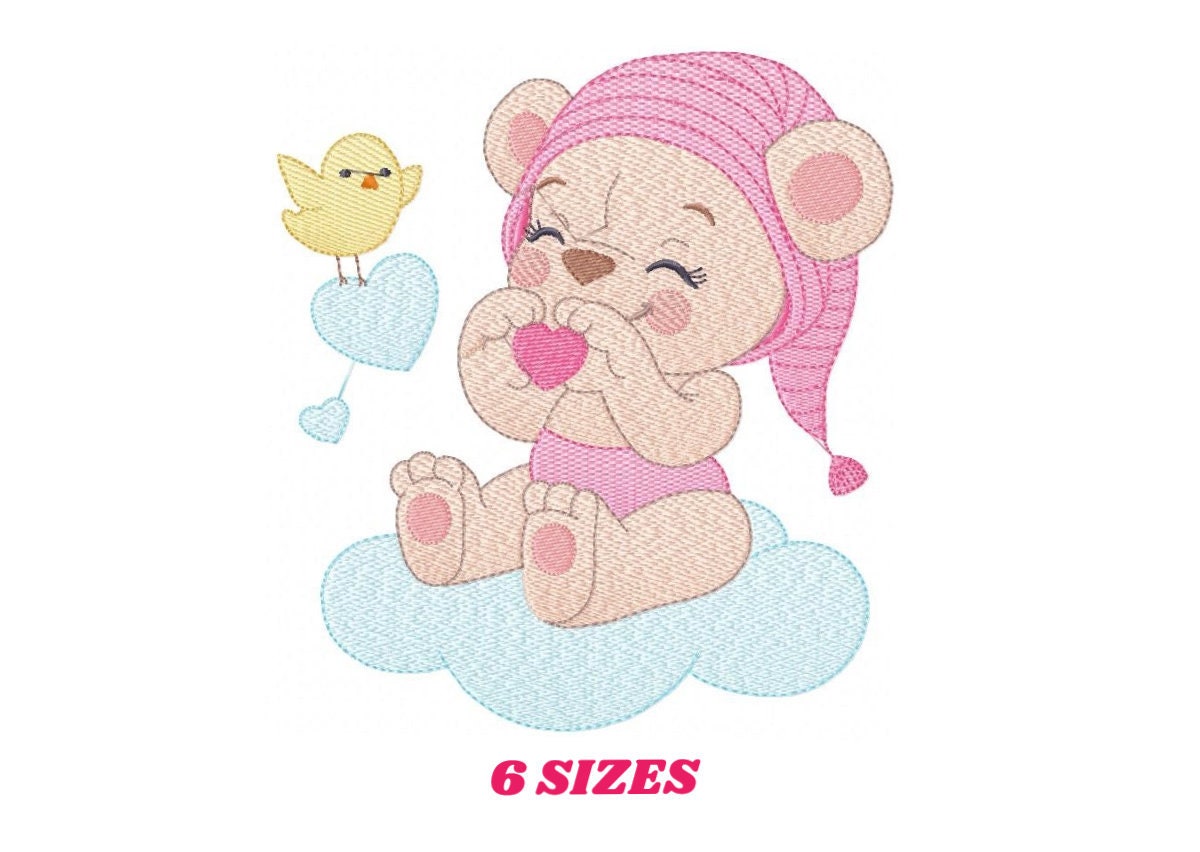 Sleeping Bear embroidery designs - Baby girl embroidery design machine embroidery pattern - Cute sweet bear with cloud - instant download