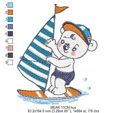 Windsurf embroidery designs - Bear with surfboard machine embroidery pattern - Baby boy file - Instant digital download pes jef dst hus vp3
