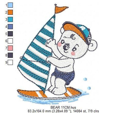 Windsurf embroidery designs - Bear with surfboard machine embroidery pattern - Baby boy file - Instant digital download pes jef dst hus vp3