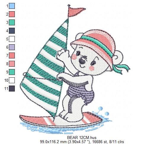 Windsurf embroidery designs - Bear with surfboard machine embroidery pattern - Baby boy file - Instant digital download pes jef dst hus vp3