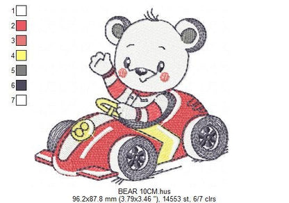 Bear with F1 car embroidery designs - F1 Pilot Bear machine embroidery pattern - Baby boy file - Instant digital download pes jef dst hus