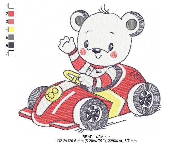 Bear with F1 car embroidery designs - F1 Pilot Bear machine embroidery pattern - Baby boy file - Instant digital download pes jef dst hus