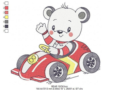 Bear with F1 car embroidery designs - F1 Pilot Bear machine embroidery pattern - Baby boy file - Instant digital download pes jef dst hus