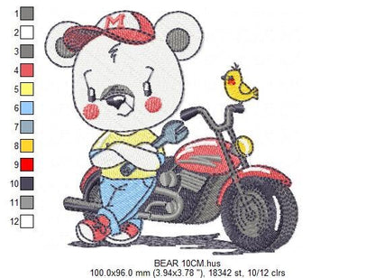 Bear with bike embroidery designs - Bear embroidery design machine embroidery pattern - Baby boy embroidery file - instant download Biker