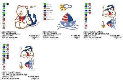 Boat embroidery designs - Sailor Bear with anchor machine embroidery pattern - Sailor bear applique - Teddy Nautical - Instant download pes