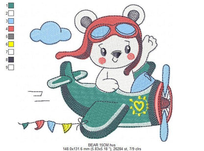 Bear with plane embroidery designs - Pilot Aviator Bear machine embroidery pattern - Baby boy file - Instant digital download pes jef dst