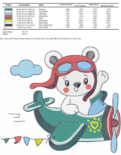 Bear with plane embroidery designs - Pilot Aviator Bear machine embroidery pattern - Baby boy file - Instant digital download pes jef dst