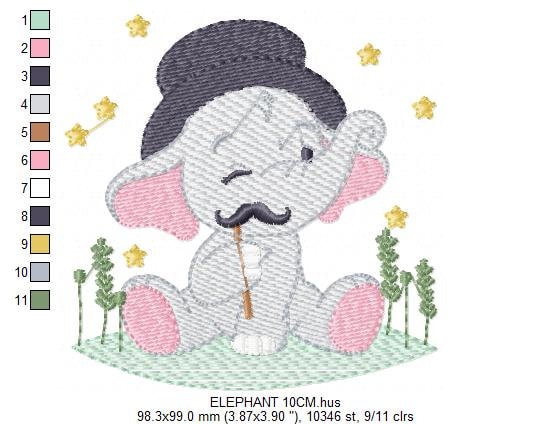 Elephant embroidery designs - Animal embroidery design machine embroidery pattern - Baby Boy embroidery file - Elephant top hat mustache