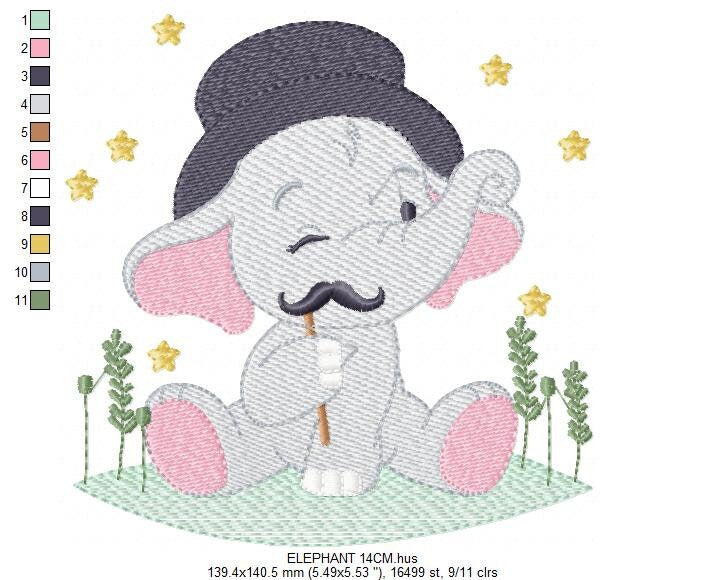 Elephant embroidery designs - Animal embroidery design machine embroidery pattern - Baby Boy embroidery file - Elephant top hat mustache