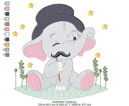 Elephant embroidery designs - Animal embroidery design machine embroidery pattern - Baby Boy embroidery file - Elephant top hat mustache