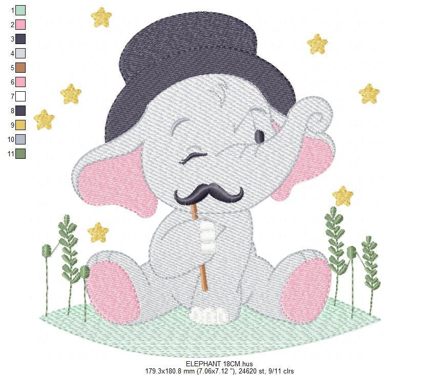 Elephant embroidery designs - Animal embroidery design machine embroidery pattern - Baby Boy embroidery file - Elephant top hat mustache