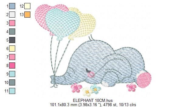Elephant with balloons embroidery designs - Birthday Party Safari Wild Animal machine pattern - Baby boy and girl file - Instant download