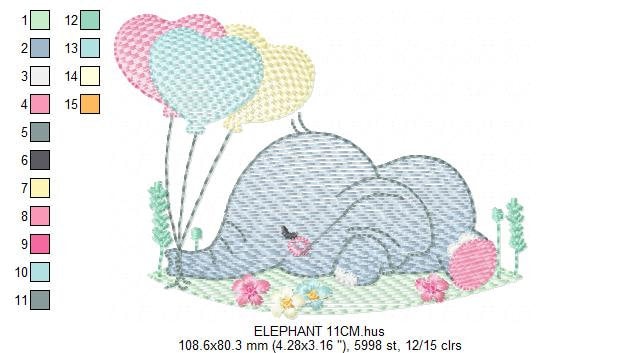 Elephant with balloons embroidery designs - Birthday Party Safari Wild Animal machine pattern - Baby boy and girl file - Instant download