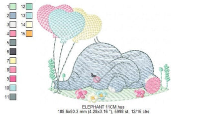 Elephant with balloons embroidery designs - Birthday Party Safari Wild Animal machine pattern - Baby boy and girl file - Instant download