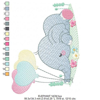 Elephant with balloons embroidery designs - Birthday Party Safari Wild Animal machine pattern - Baby boy and girl file - Instant download