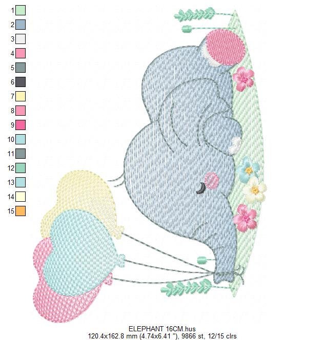 Elephant with balloons embroidery designs - Birthday Party Safari Wild Animal machine pattern - Baby boy and girl file - Instant download