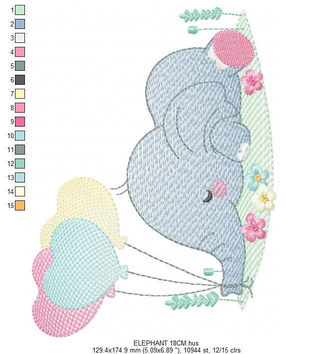 Elephant with balloons embroidery designs - Birthday Party Safari Wild Animal machine pattern - Baby boy and girl file - Instant download