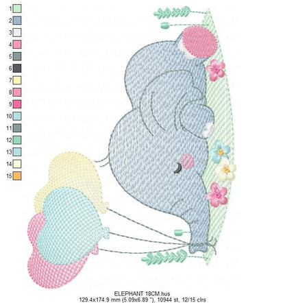 Elephant with balloons embroidery designs - Birthday Party Safari Wild Animal machine pattern - Baby boy and girl file - Instant download