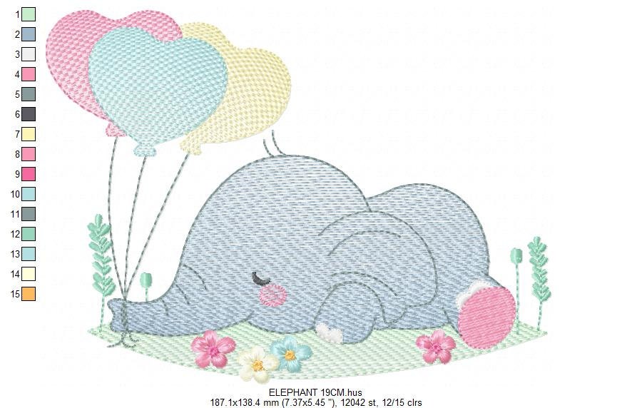 Elephant with balloons embroidery designs - Birthday Party Safari Wild Animal machine pattern - Baby boy and girl file - Instant download