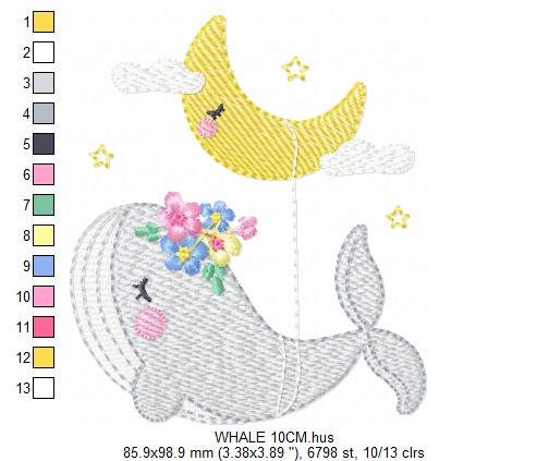 Whale embroidery designs - Baby girl embroidery design machine embroidery pattern - Whale with moon embroidery file - instant download pes