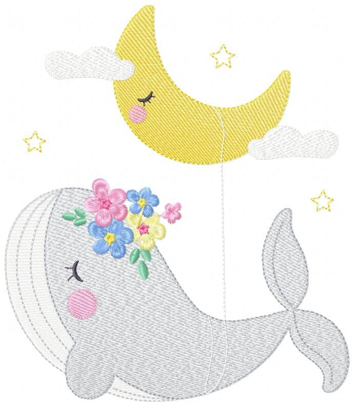 Whale embroidery designs - Baby girl embroidery design machine embroidery pattern - Whale with moon embroidery file - instant download pes
