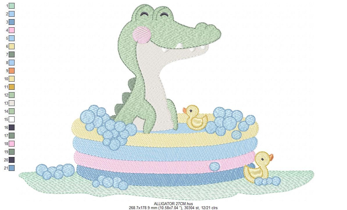 Crocodile embroidery design - Swimming Alligator machine embroidery pattern - Baby Boy Bathing Animal file - Instant digital download pes