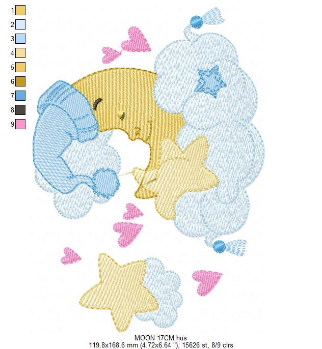 Sleeping moon embroidery design - Half moon with cloud stars and hearts machine embroidery pattern - Baby boy file - Instant download pes