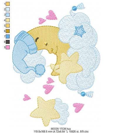 Sleeping moon embroidery design - Half moon with cloud stars and hearts machine embroidery pattern - Baby boy file - Instant download pes