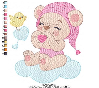 Sleeping Bear embroidery designs - Baby girl embroidery design machine embroidery pattern - Cute sweet bear with cloud - instant download