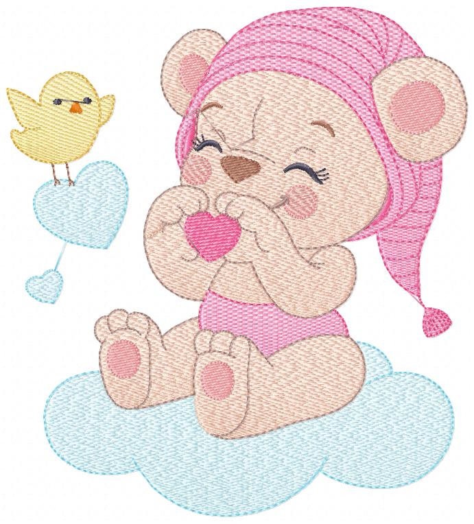Sleeping Bear embroidery designs - Baby girl embroidery design machine embroidery pattern - Cute sweet bear with cloud - instant download
