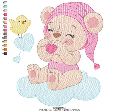 Sleeping Bear embroidery designs - Baby girl embroidery design machine embroidery pattern - Cute sweet bear with cloud - instant download