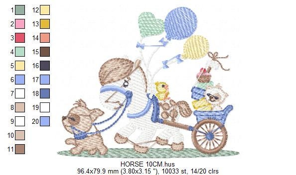 Horse embroidery design - Baby Boy Birthday Party Balloons machine embroidery pattern - Dog and Cat file - instant digital download pes jef