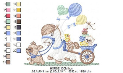 Horse embroidery design - Baby Boy Birthday Party Balloons machine embroidery pattern - Dog and Cat file - instant digital download pes jef