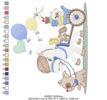 Horse embroidery design - Baby Boy Birthday Party Balloons machine embroidery pattern - Dog and Cat file - instant digital download pes jef