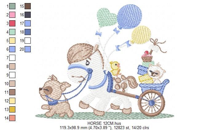 Horse embroidery design - Baby Boy Birthday Party Balloons machine embroidery pattern - Dog and Cat file - instant digital download pes jef